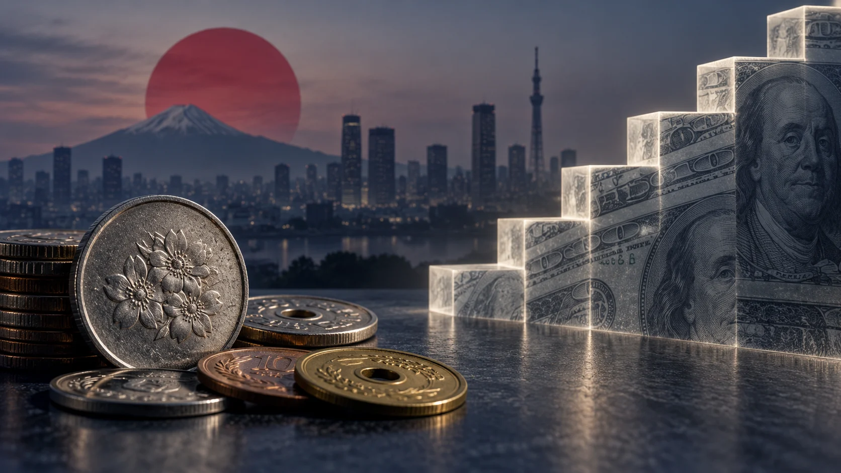 Illustrazione generata con IA: monete yen davanti a Tokyo e gradini rivestiti di dollari, simbolo dei rendimenti statunitensi.