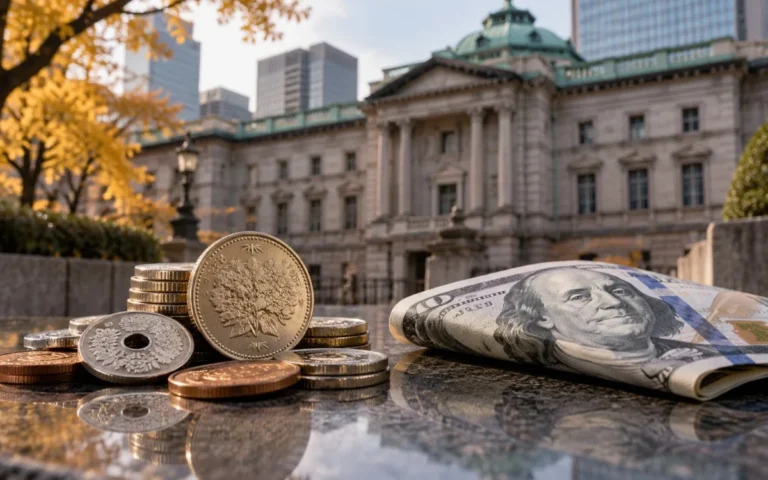 Monete dello yen e banconota del dollaro davanti a un edificio della Bank of Japan in autunno