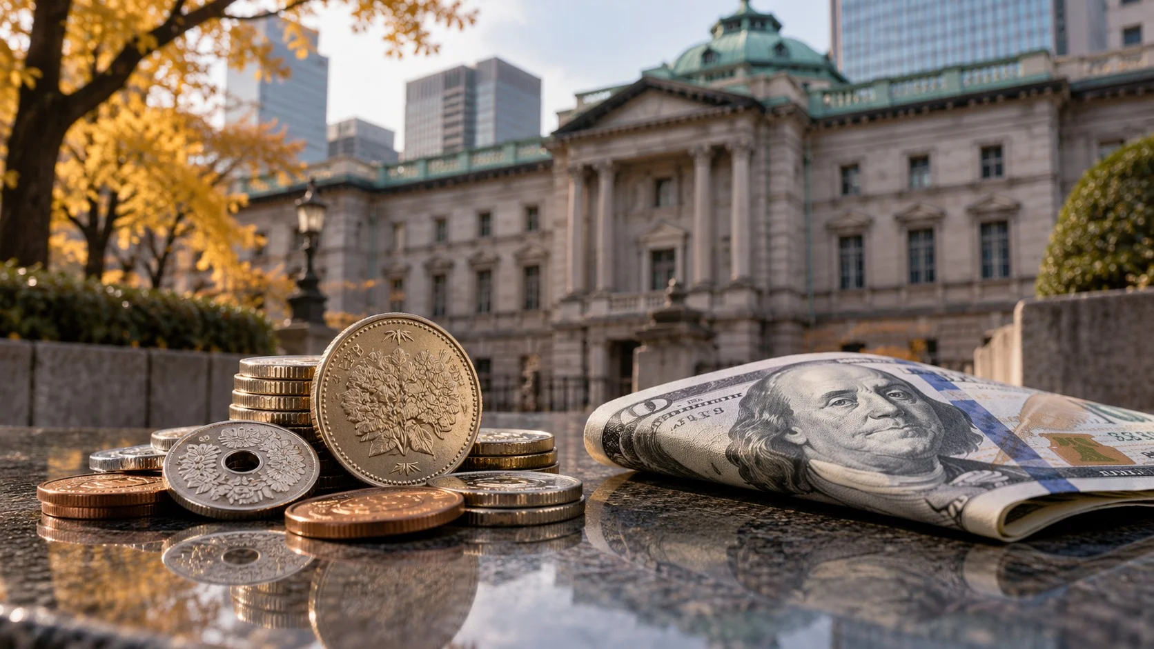 Monete dello yen e banconota del dollaro davanti a un edificio della Bank of Japan in autunno