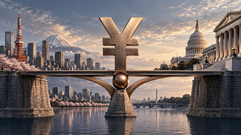 Simbolo dello yen su un ponte tra Tokyo e un edificio istituzionale americano