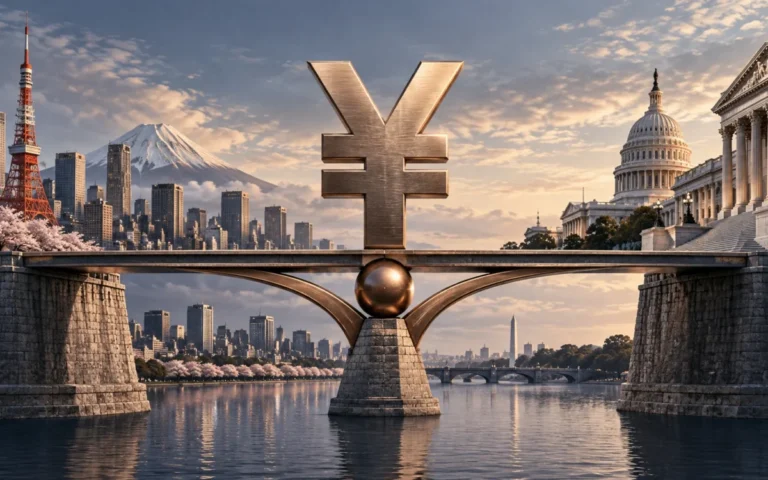Simbolo dello yen su un ponte tra Tokyo e un edificio istituzionale americano