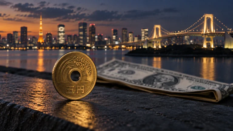 Illustrazione generata con IA: moneta da cinque yen e banconota in dollari davanti allo skyline di Tokyo.