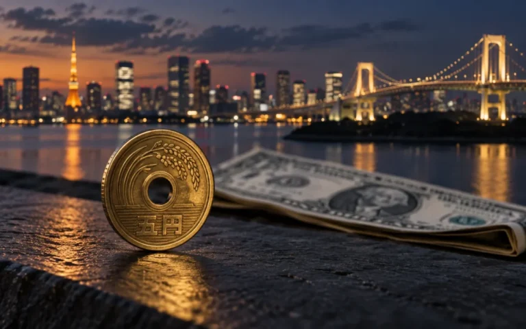Illustrazione generata con IA: moneta da cinque yen e banconota in dollari davanti allo skyline di Tokyo.