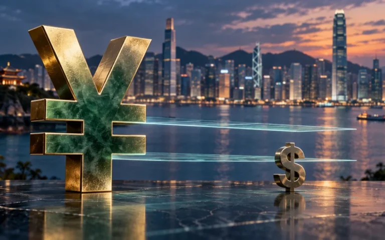 Illustrazione dei simboli dello yuan e del dollaro separati da piani trasparenti, con una città finanziaria cinese sullo sfondo.