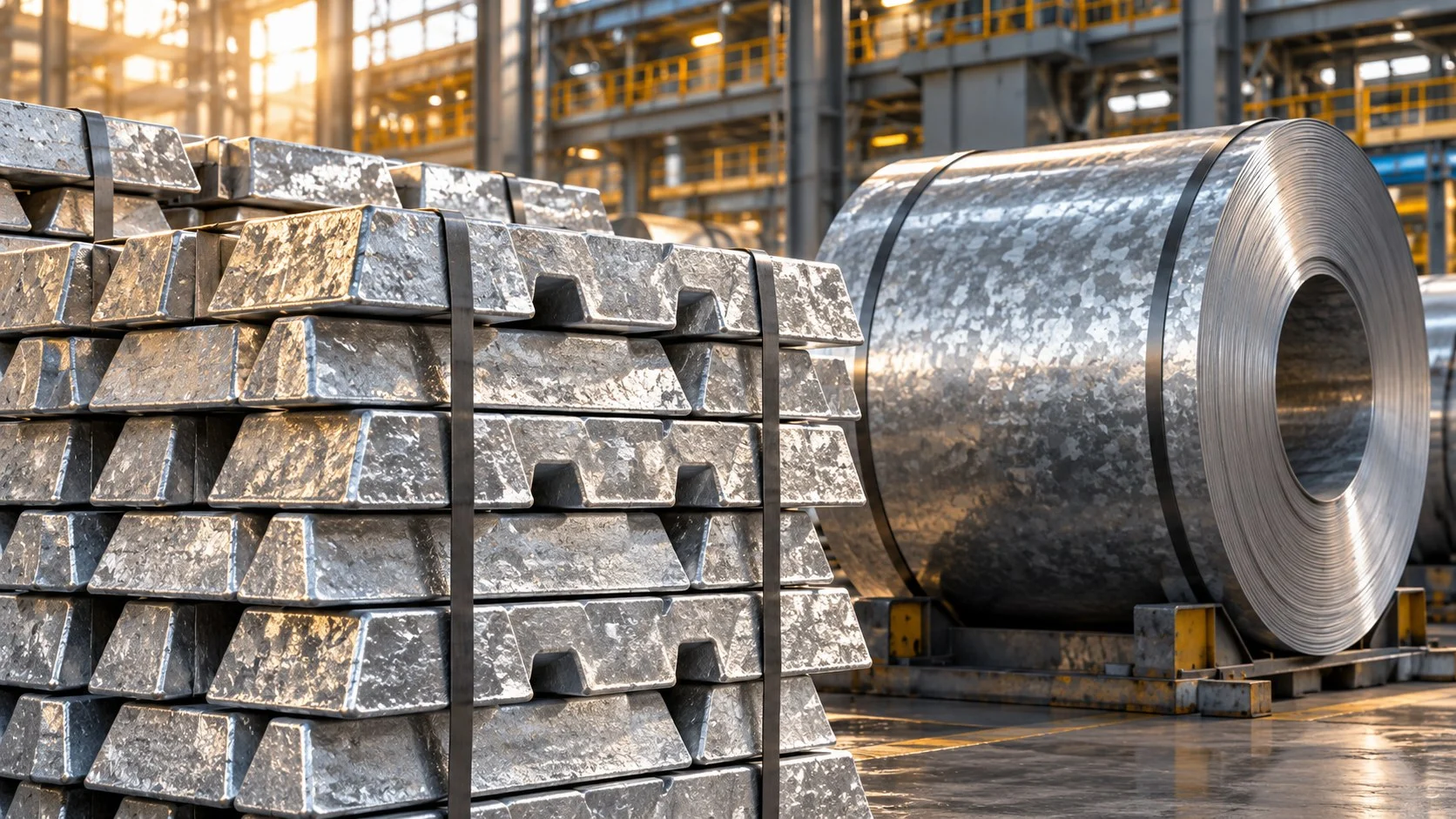 Lingotti di zinco e un rotolo di acciaio zincato in un impianto industriale